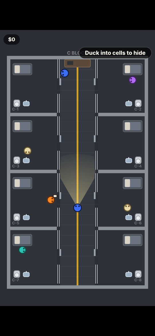 The orange dot ducked into a cell doorway while a guard's flashlight cone sweeps up the corridor