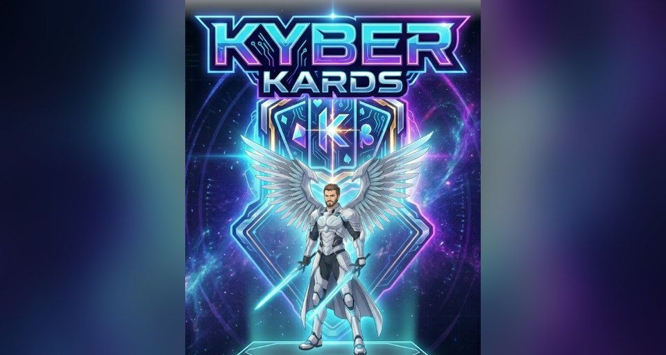 Kyber Kards key art: neon Kyber Kards title above a winged armoured hero