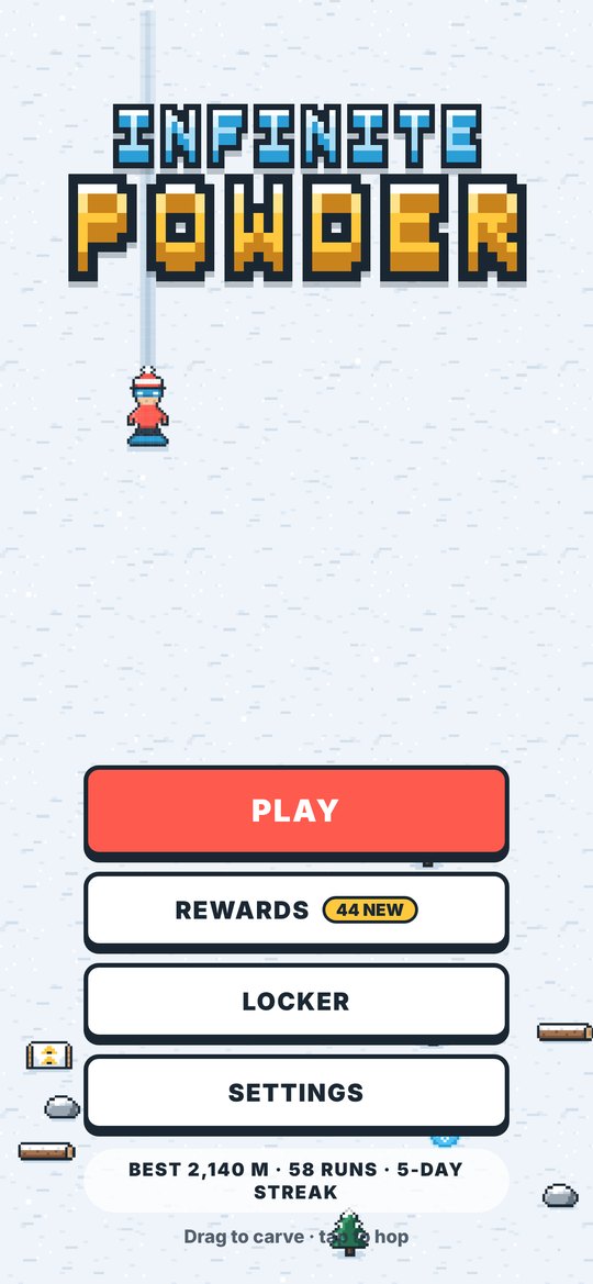Title screen: the Infinite Powder pixel logo over the slope, with Play, Rewards, Locker and Settings