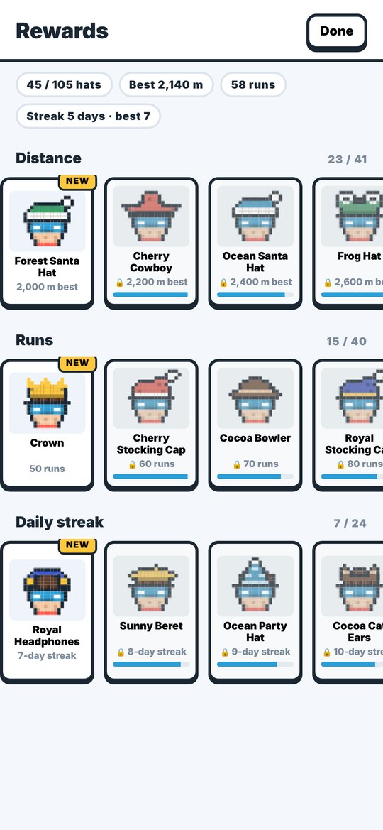 Rewards screen with rows of hats to unlock by distance, runs and daily streak