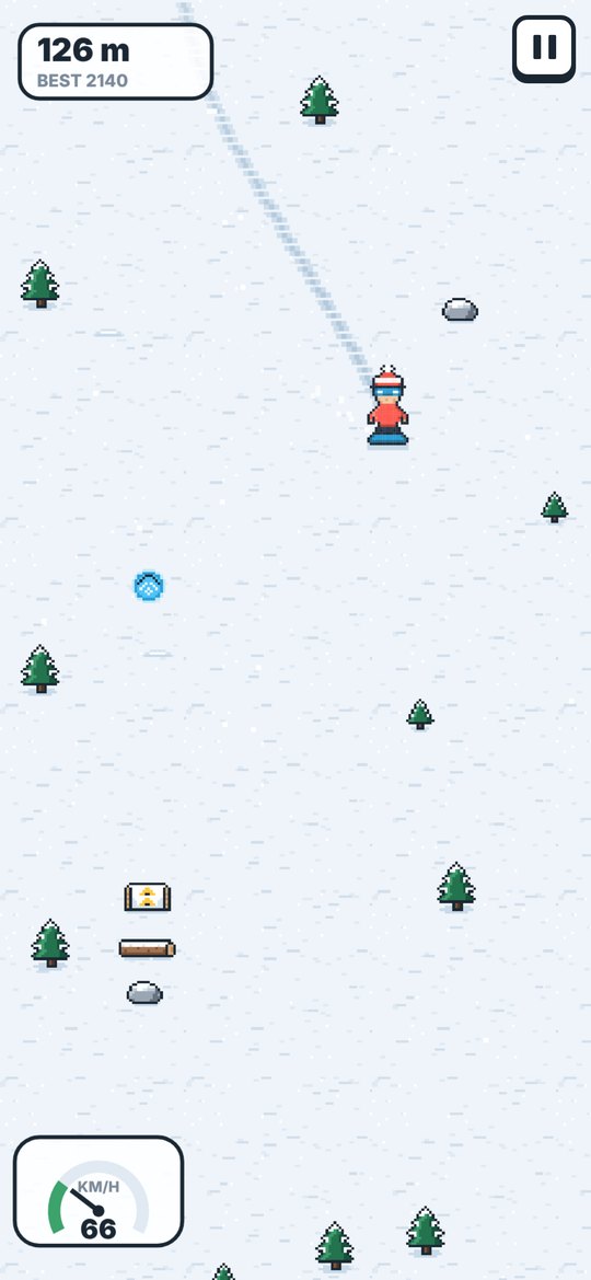 Gameplay: the rider in a red toque carves between pixel pine trees, with the speedometer in the corner